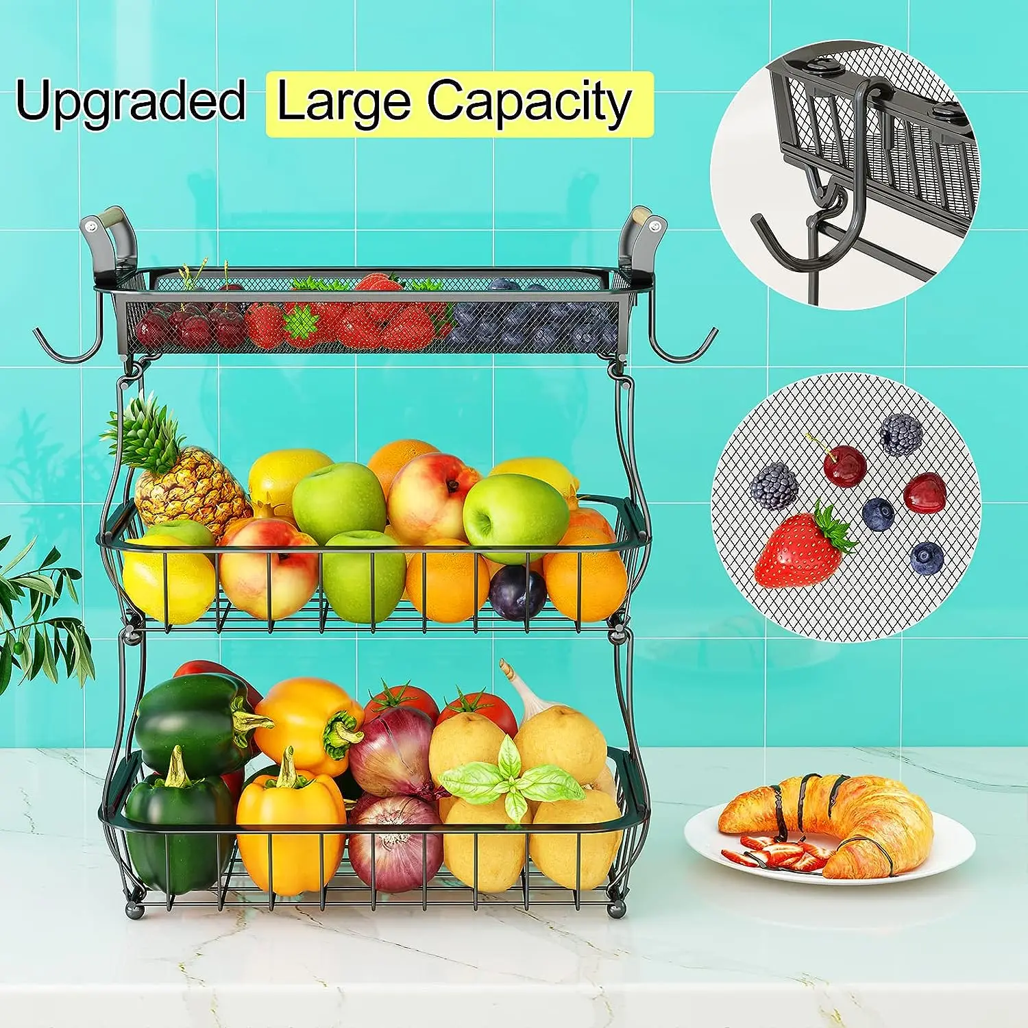 3 Tier Fruit Basket Bowl with 2 Banana Hangers for Kitchen Counter, Vegetable Countertop Produce Storage Holder