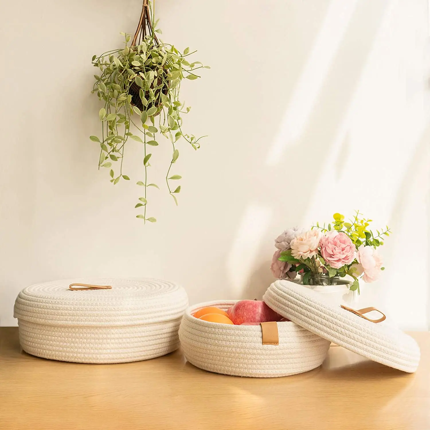 New round 100% cotton rope woven storage basket with lid for home decoration