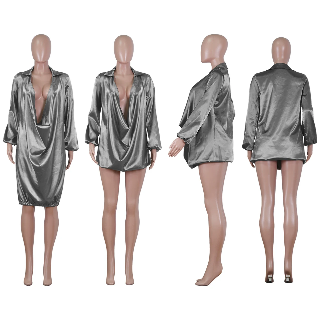 Fashion Sexy V-neck Polo Collar Tops and Silk Dress for Women Casual Dresses Mini Club Dress Sheath Plain Dyed Simple Spring