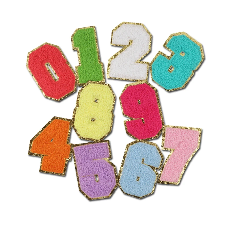 New Iron on Embroidered Patch With Colorful Gold Border Glitter Chenille Letters and Numbers