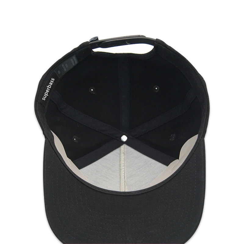 Custom Black 5 Panel Cotton Flat Embroidery Snapback  Cap