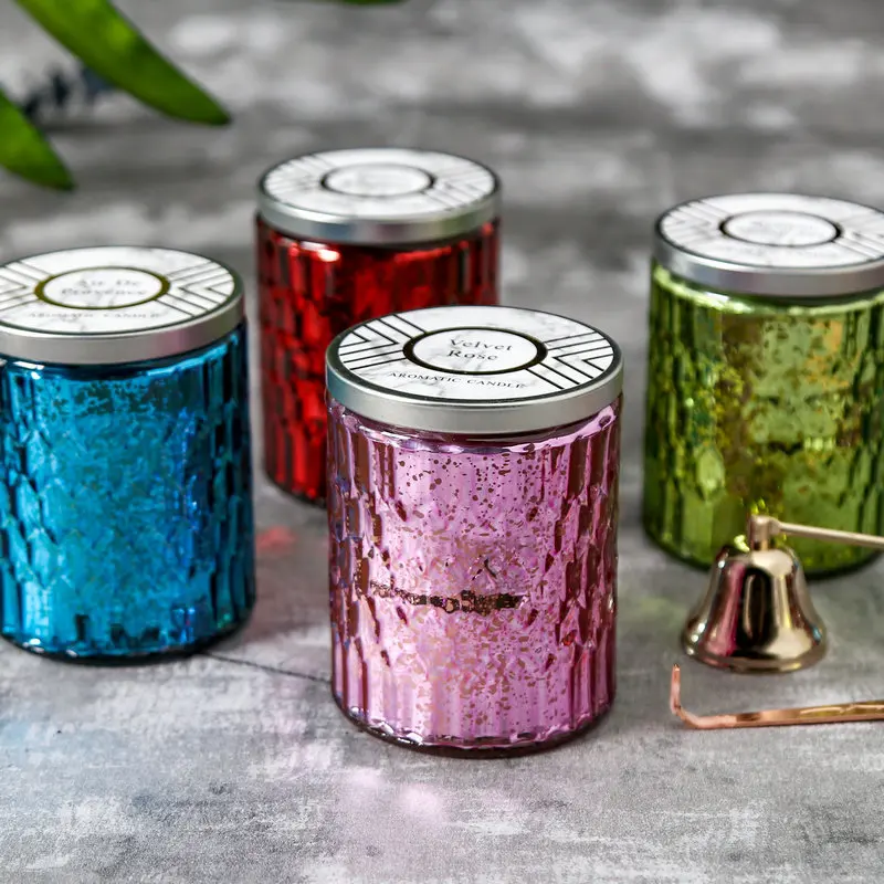 
Hot selling factory direct price plated colorful scented candle glass jar with lid soy gel wax 
