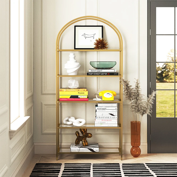 Living Room Office Simple Design Gold Black Iron Glass Arched Bookshelf Floor Standing Bookcase Shelf 5-Tier Bookcase