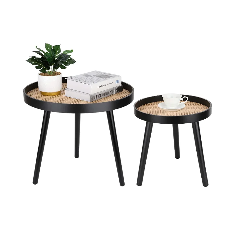 Modern set of 2 end tables for living room bedroom office black wood unique coffee table