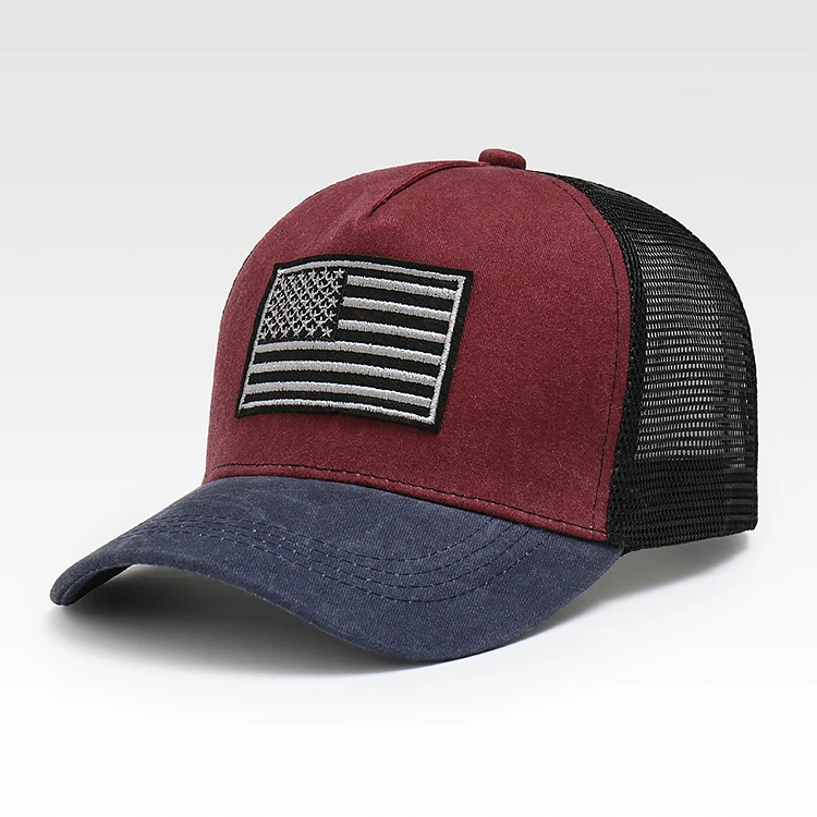 Wholesale High Quality Custom American Flag Embroidery Logo Manufacturer 5 Panel Vintage Mesh Trucker Hat Curved Brim