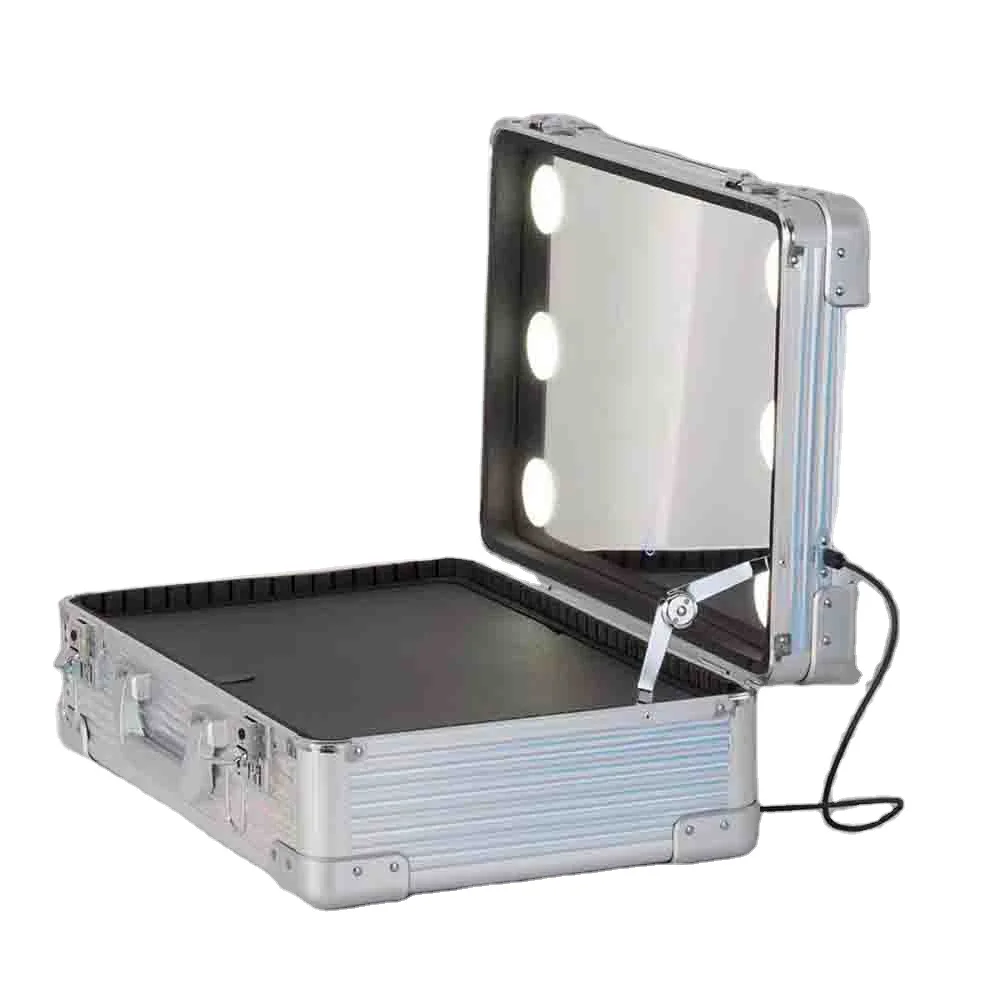 Portable 16 inch Silver Black aluminum ABS  shinny Beauty makeup case with 6 LED Lights full mirror by USB cable