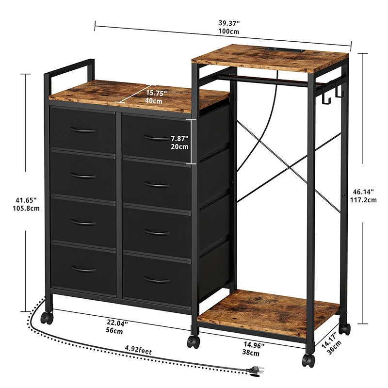 Factory direct 8 drawer dresser with charging station and LED light closet in living room Wheeled Kitchen Storage Rack