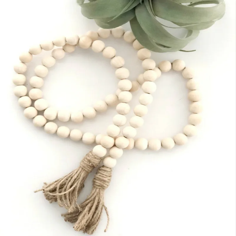 Hot boho decor shabby chic pastoral wooden beads garland string twine tassel pendant wood home decoration hanging