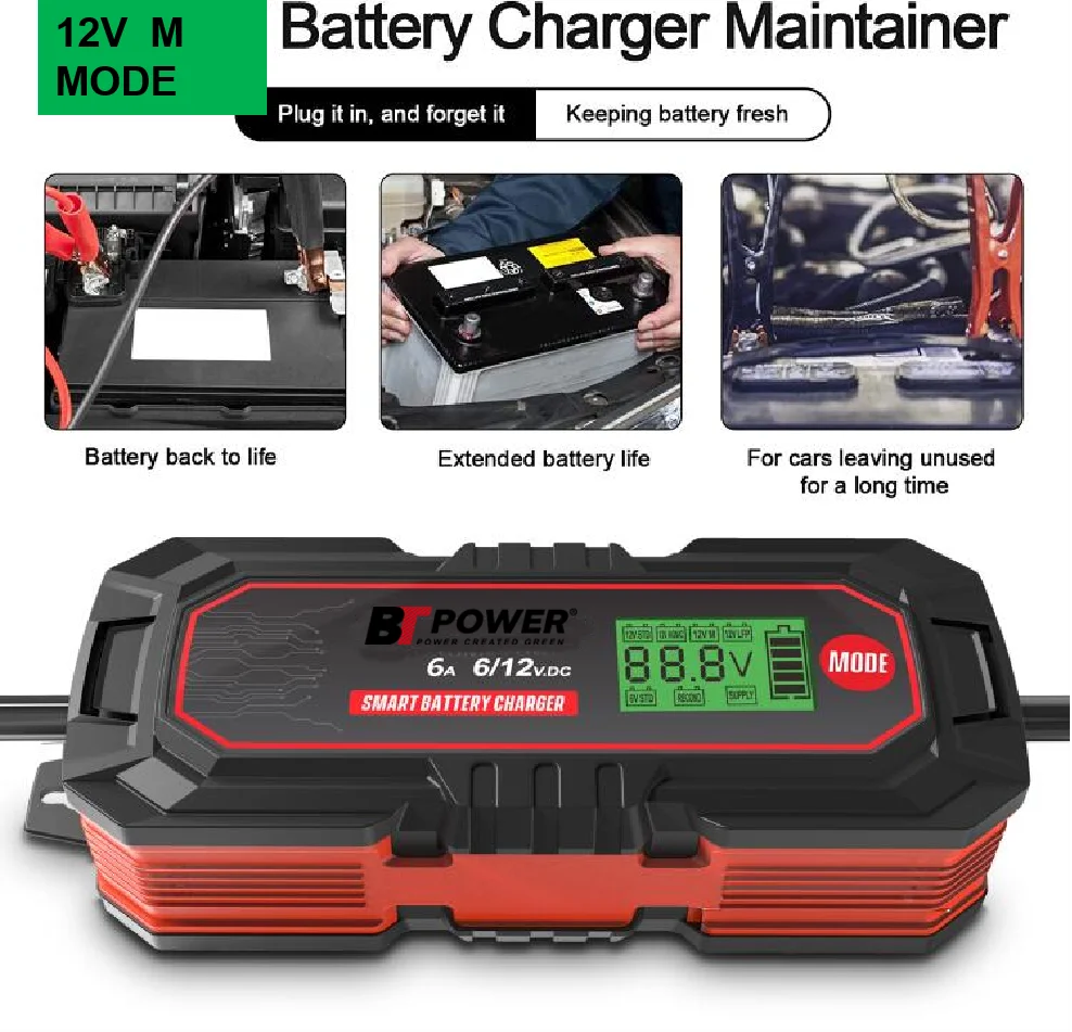12v 6A battery charger for Car, Truck, Motorcycle, Lawn Mower, Boat, RV, SUV, ATV and More