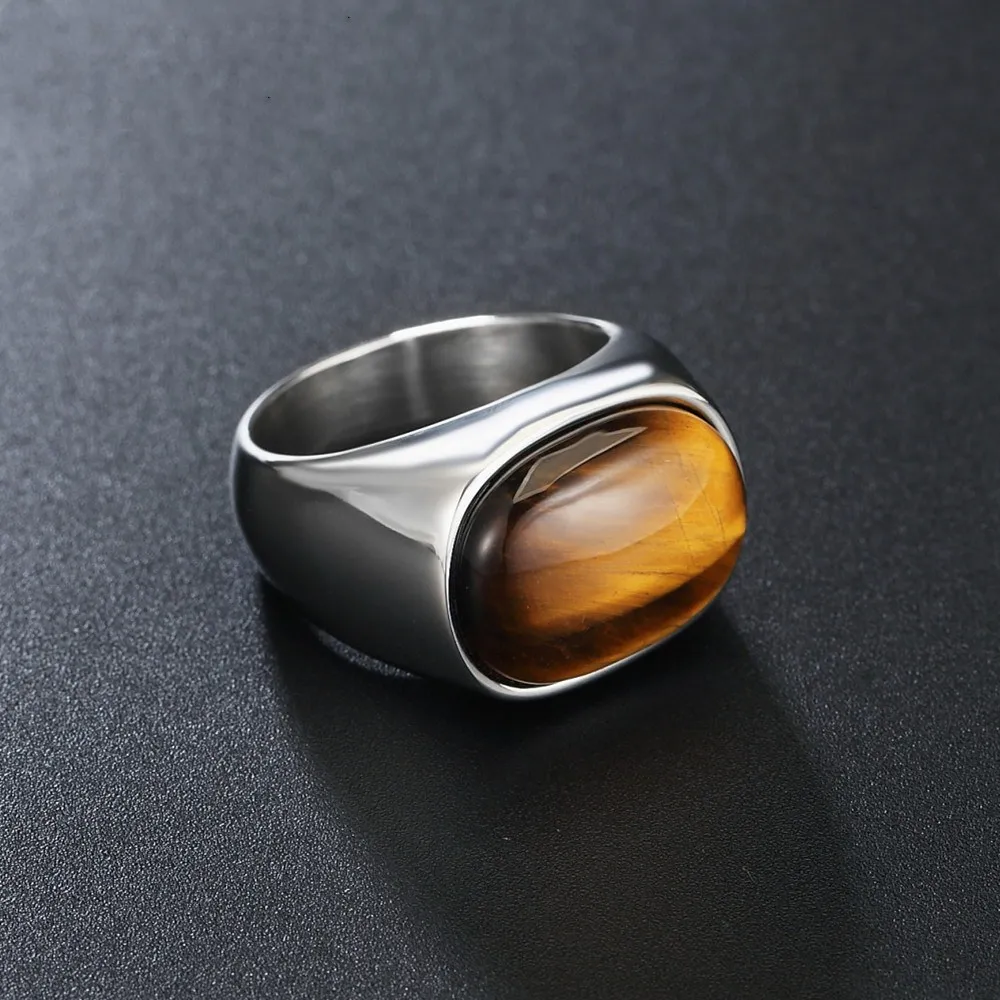 Fashion Mens Stainless Steel Gold Rings Personality Big Tiger Eye Stone Agate Rings for Men