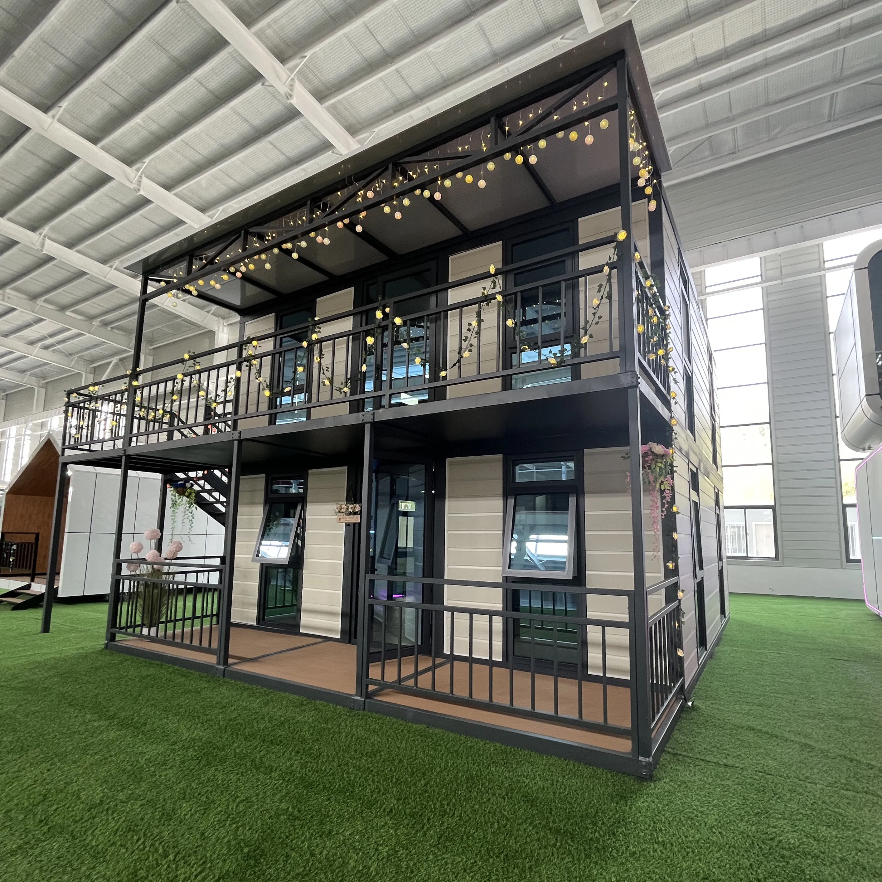 20ft double-story office prefabricated shipping double-wing expandable folding container houses with terrace stairs and canopy