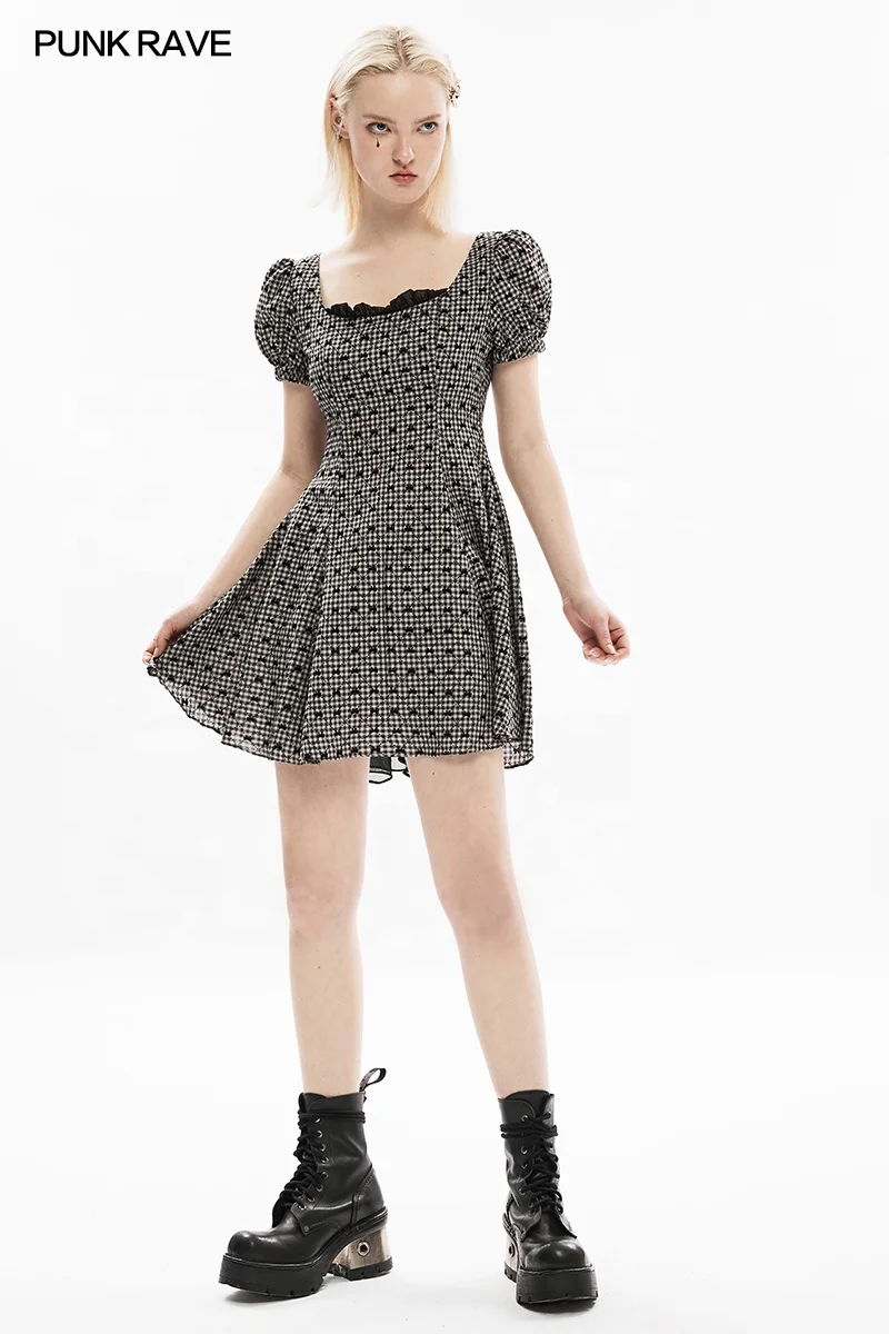 PUNK RAVE OPQ-1229LQF summer A line bubble short sleeves winged translucent chiffon elastic band princess cute plaid dress
