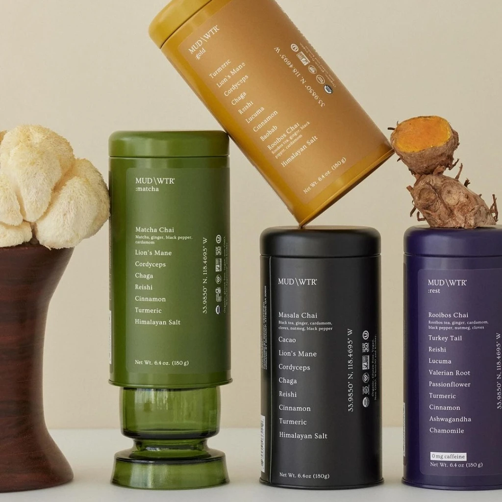 Mushroom coffee turmeric powder tin box packaging for supplements luxury tall chocolate cocao metal airtight tea tin can black