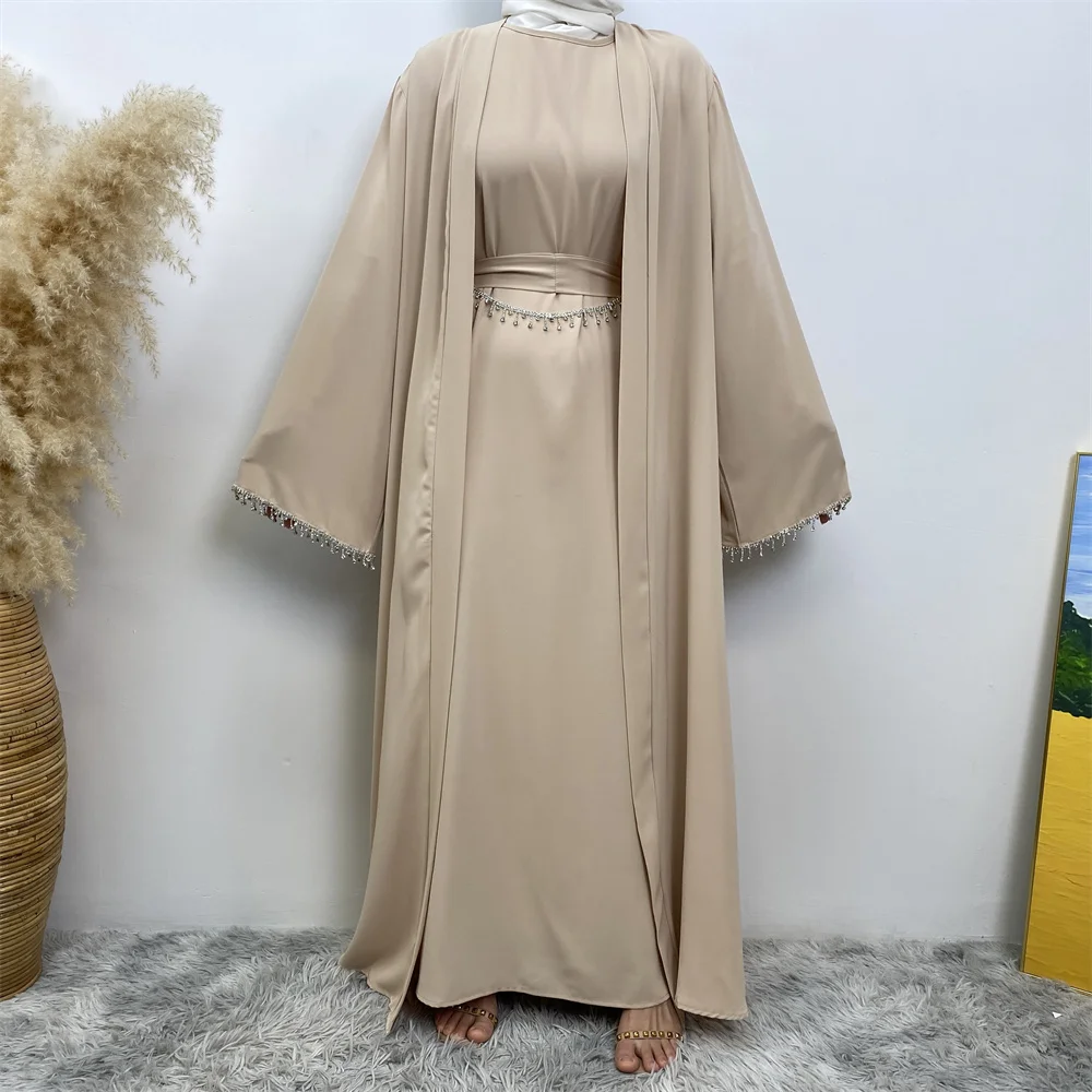 2006+6595# Elegant Muslim Women Dress Eid Diamond Abaya with Sleeveless Inner Two Pieces One Set