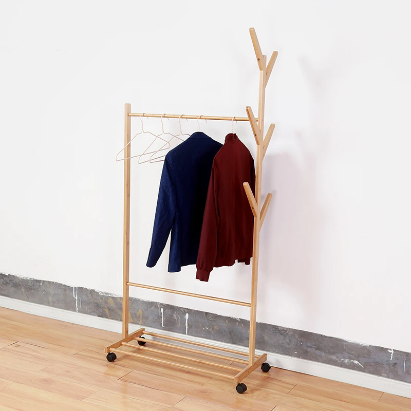 Apartment Bamboo Clothing Garment Rack Free Standing Clothes Coat Hanger for Living Room