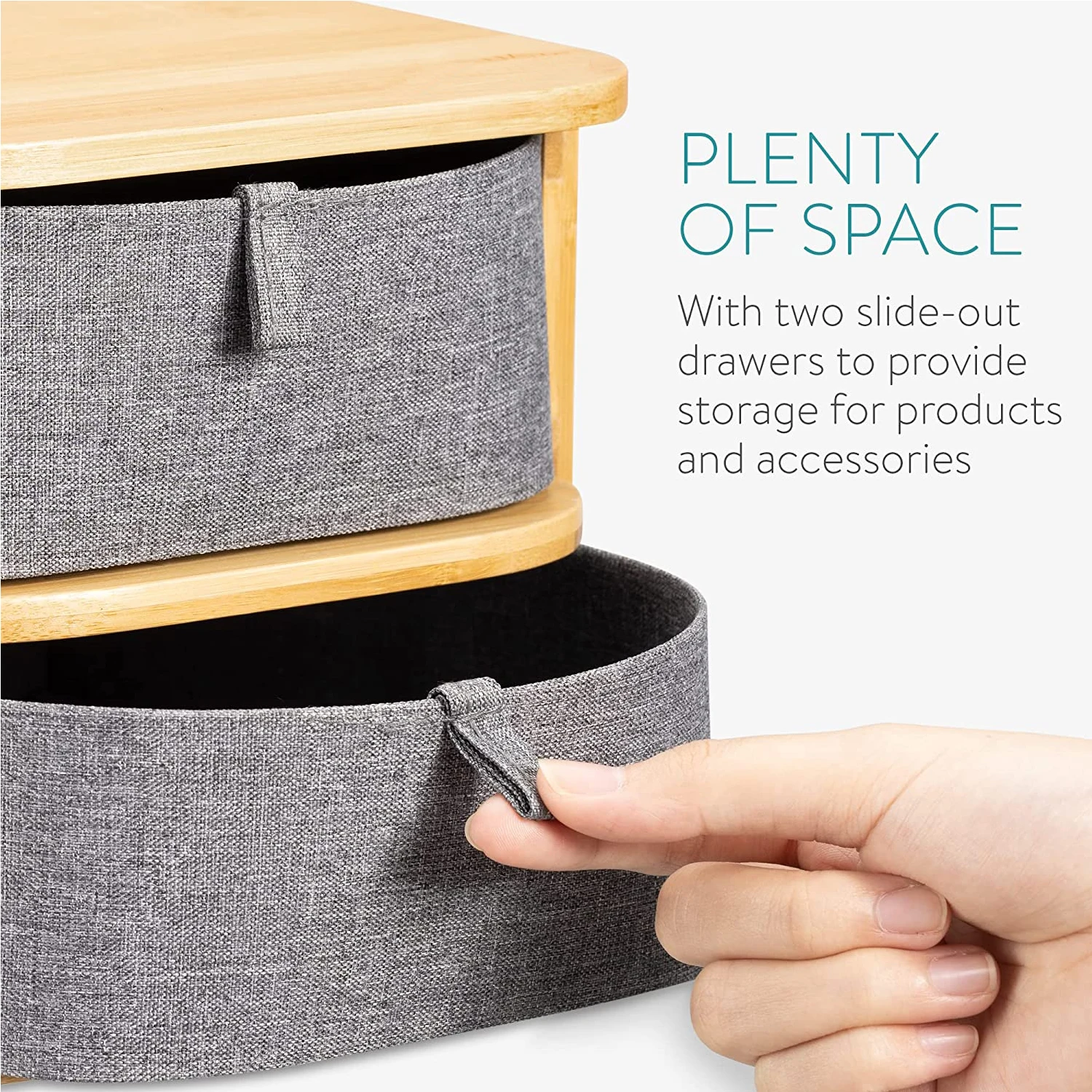 Bamboo Organizer And Gray Fabric Trays 2-Tier Drawer Unit For Bathroom Vanity Table Makeup Storage Drawers