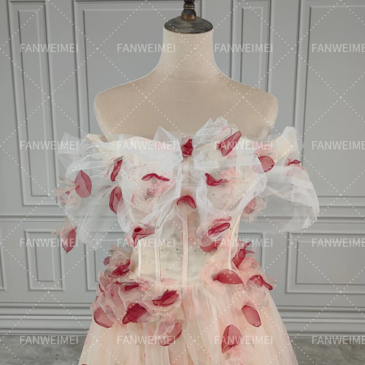 Wholesale FWM White A-line Elegant Floral Tulle Evening Party Dress Floor-length Sweet Pink Formal Party Gowns Vestido De Festa