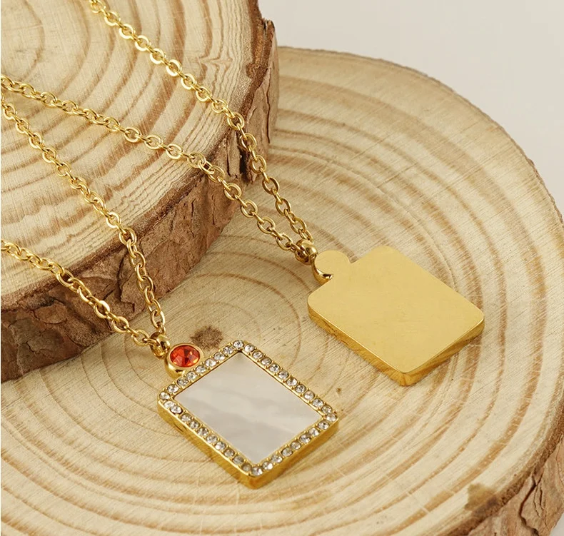 MECYLIFE Birthday&Christmas Gift 18K Gold Plated Square Natural Shell Jewelry Zircon Diamond Stainless Steel Birthstone Necklace