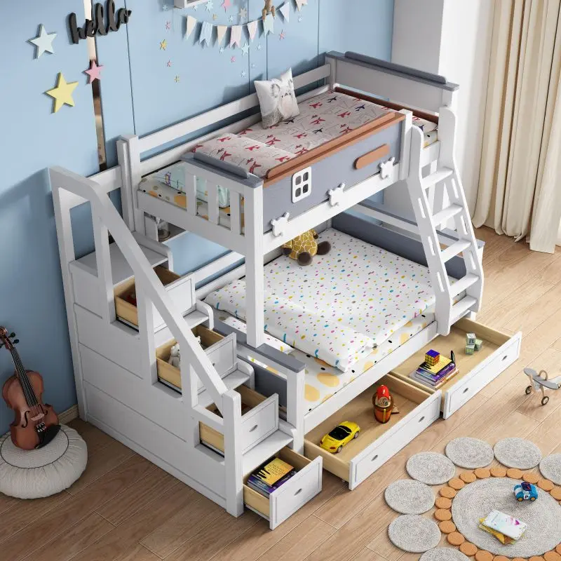 Cheap Kids Bedroom Furniture Solid Wood Cartoon Bed Children Bunk Bed for Stair Storage Study Table With Slide