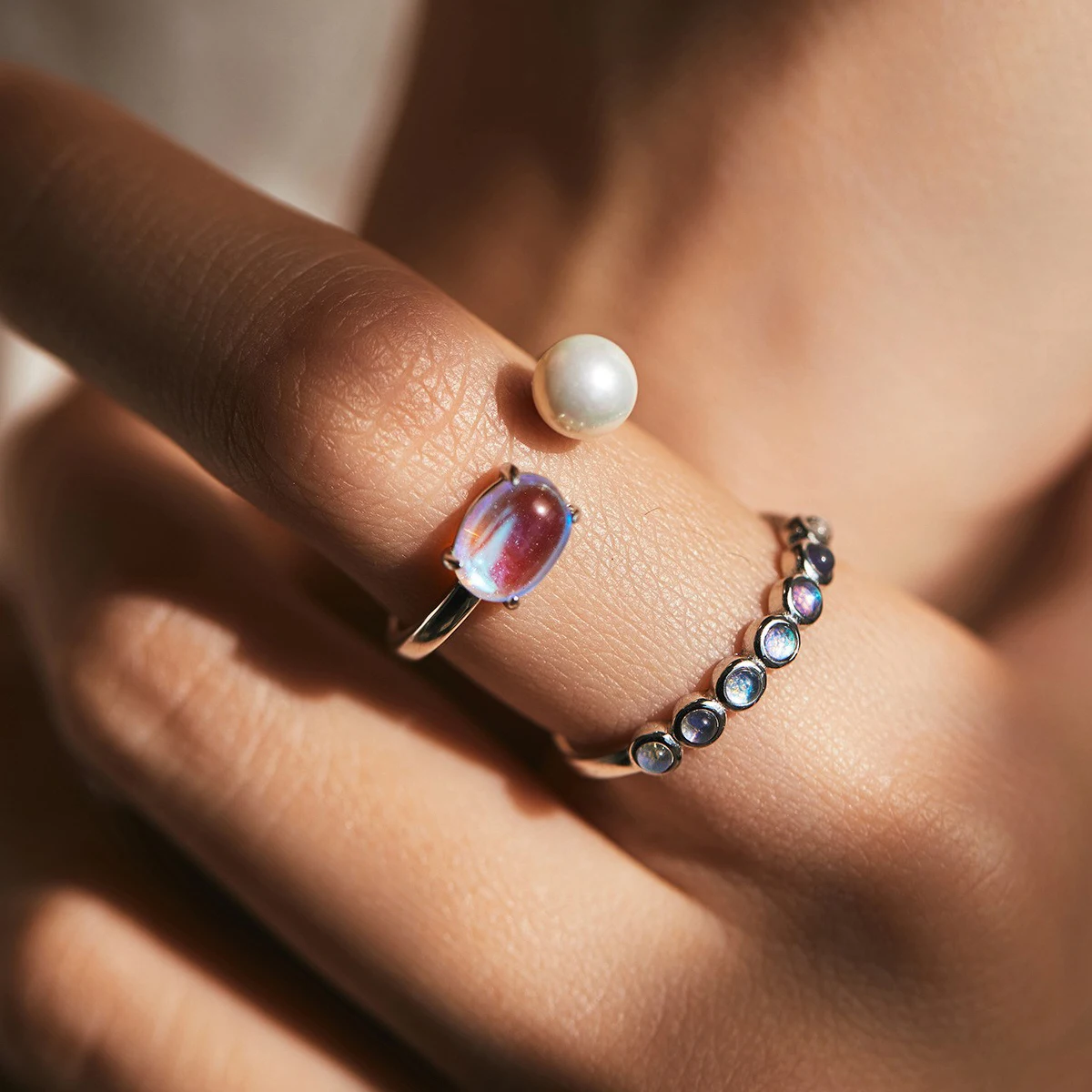 S925 sterling silver French style Shijia crystal pearl ring, female actress elegant moonlight stone adjustable ring