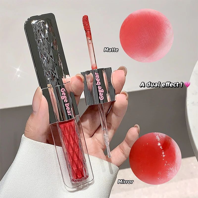 NEW GEGE BEAR Double-Headed Lip Glaze Matte & Mirror 2 in 1 Vivid Colors Multipurpose Not Easy To Fade Cute Lip Gloss