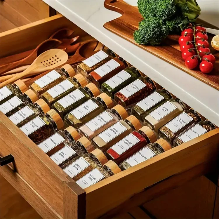 Wholesale 4oz 120ml square glass Spice Jars Seasoning Storage Bottles with bamboo lid and Labels For Spice Rack Cabinet