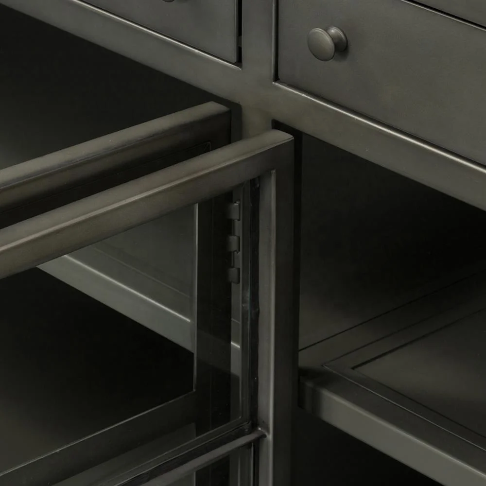 
Vintage Iron TV Unit Industrial Loft Glass Door Iron Metal TV Media Cabinet Low Board Entertainment Media Storage Cabinet 