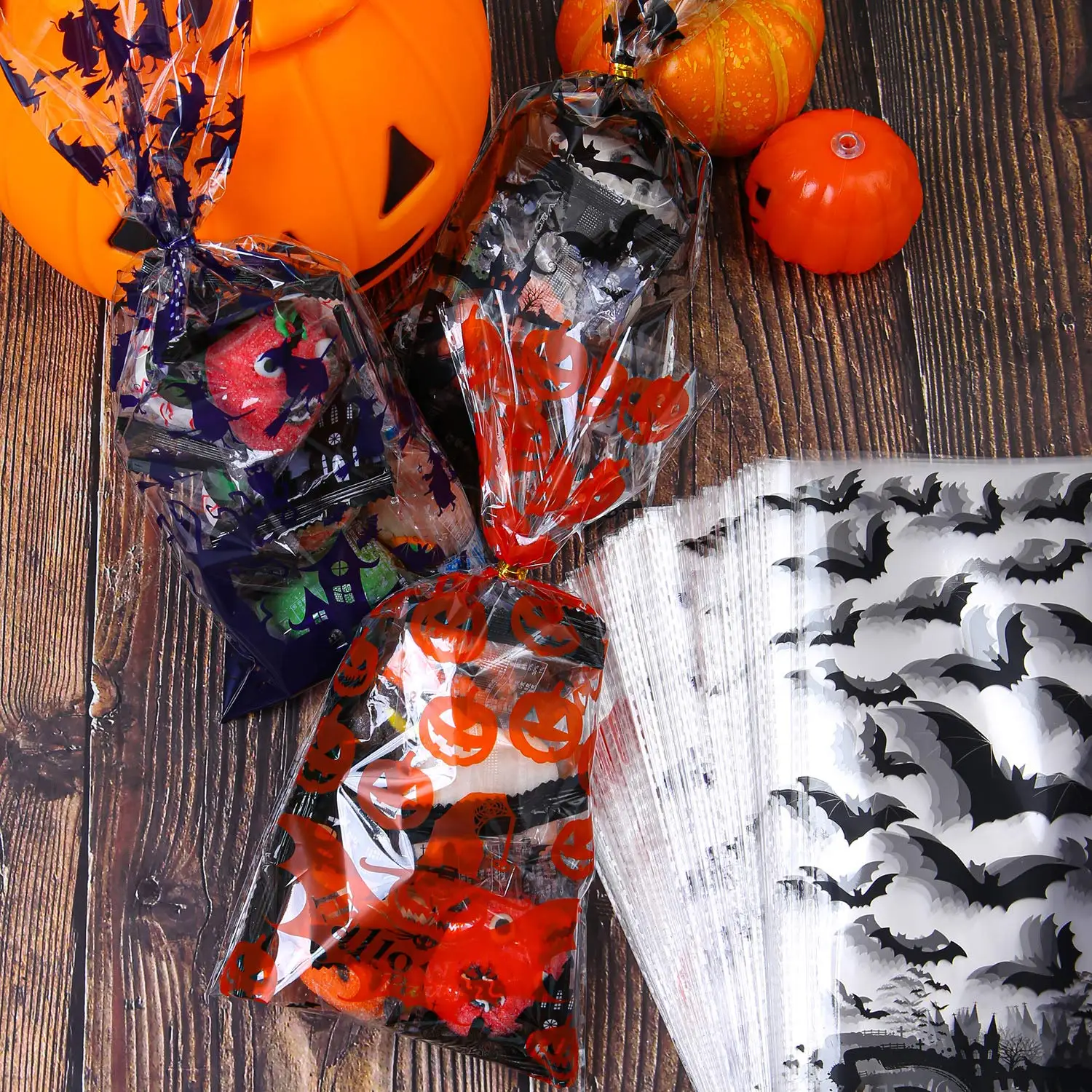 Halloween Party Plastic Customized  Cellophane Bags Snack pumpkin food Bag Clear Printed Candy  Treat Bags Food Packaging