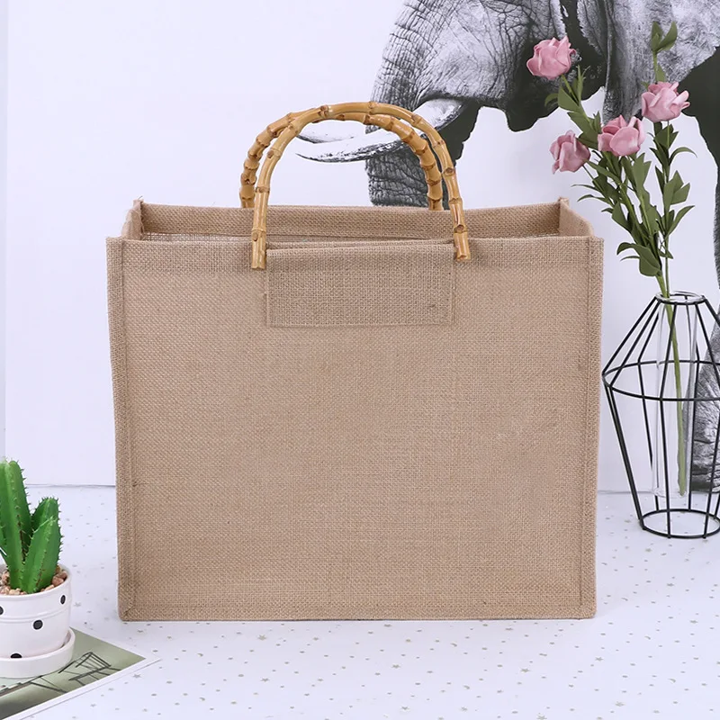 Manufacturer OEM Nature Tote Bag with Printed Logo Wholesale Eco Friendly Burlap Jute Shopping Bags Grocery Tote Bamboo Handle