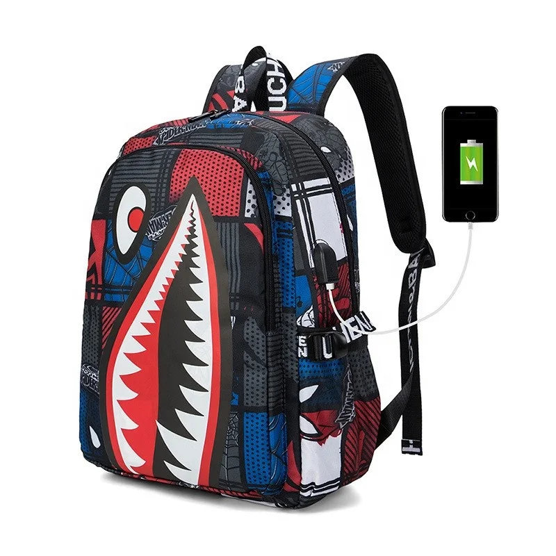 2024 Fashion trend Shark design student adult backpack waterproof canvas USB backpack