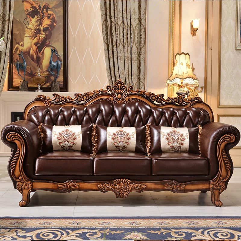 European 123 Free Combination Genuine Leather Sofa Set with Solid Wood Carved Frame for Apartment and Hotel Living Room Use