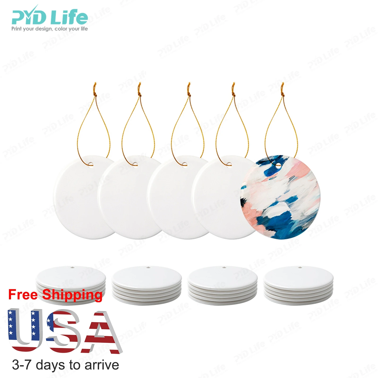 Склад PYD Life USA бесплатная доставка сублимационная Рождественская елка безделушка подарок круглые заготовки сублимационный круг керамические украшения