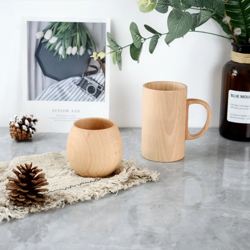 Wholesale Custom 350ml Handmade Wood Tea Cup Portable Reusable Natural Wooden Coffee Mug with Handle