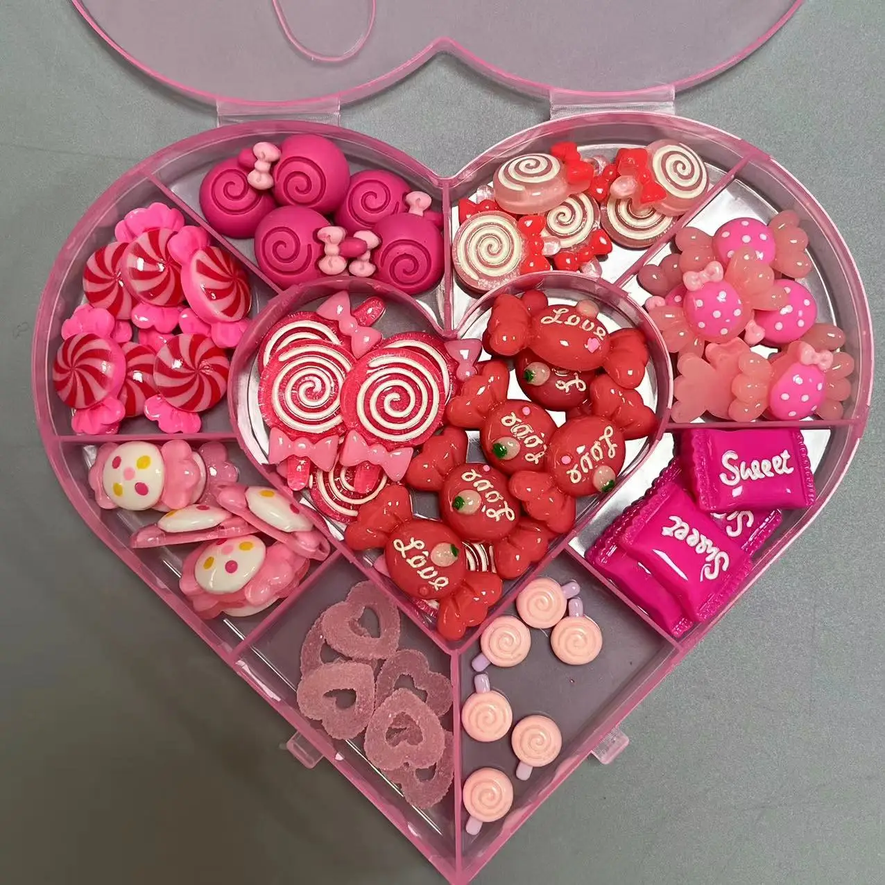 60Pcs Y2K Big Pink Rose Red Sweet Lollipop Candy Cartoon Resin Long Nail Art Decoration Charms Hot Girls Christmas Gift Box Set