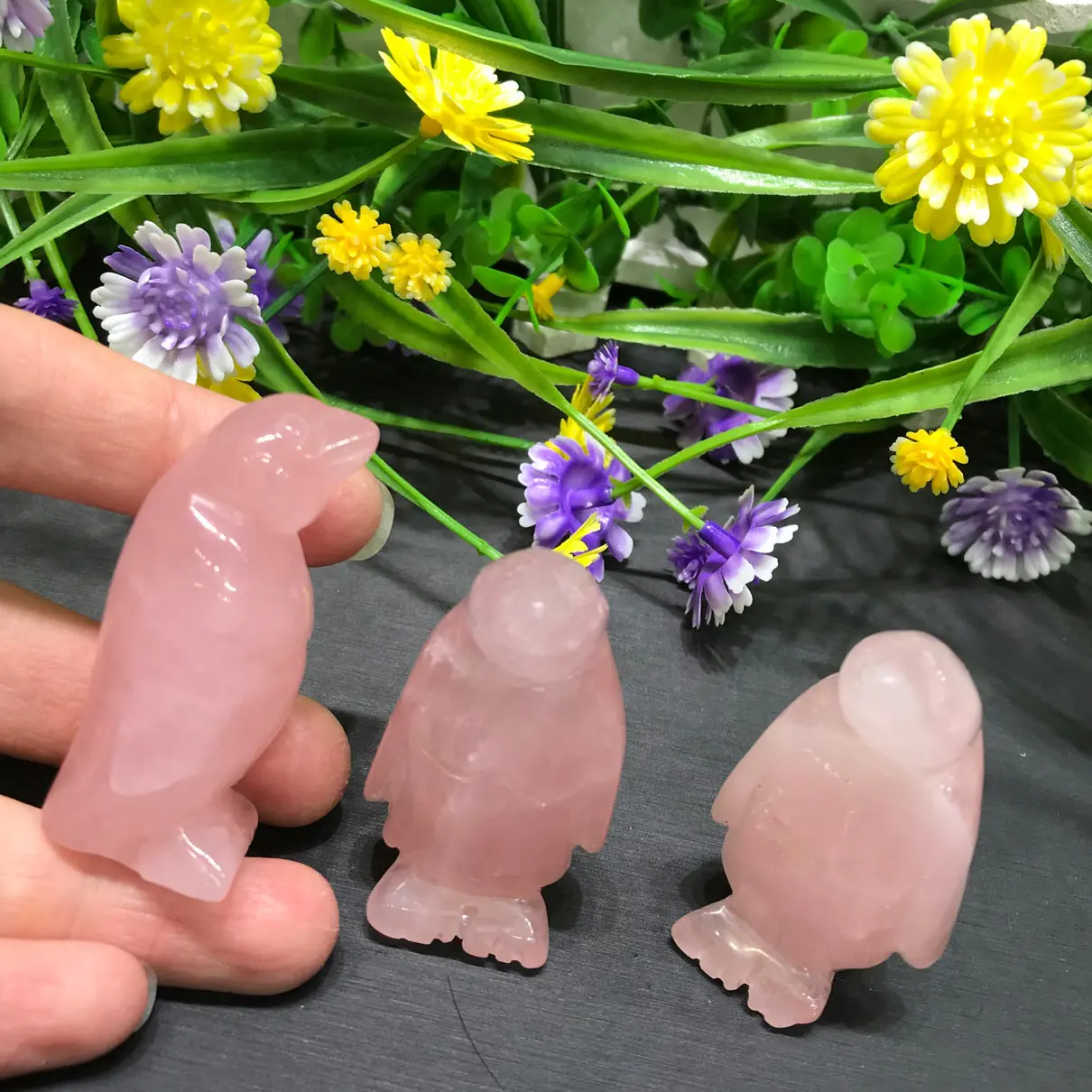 Natural Green Aventurine Rose Quartz Crystal Cute Penguin Decoration