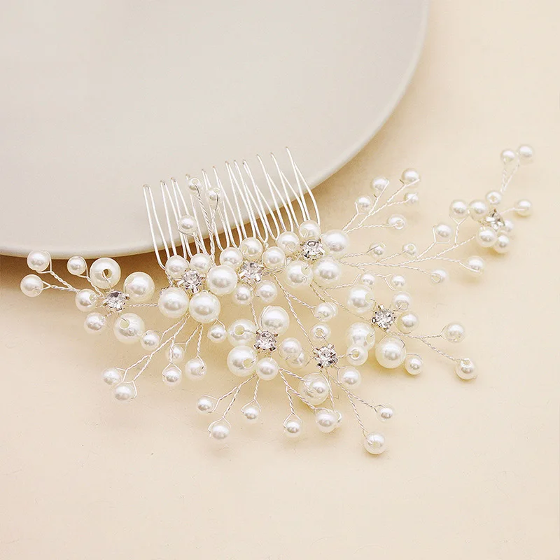 Hot Sale Handmade Wedding Accessories Headpiece Bridesmaid Fancy Pearl Silver Flower Insert Comb Bridal Hair Combs