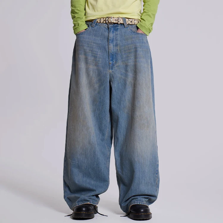 Hight Quality streetwear oversized jeans men Non-Stretch Bamboo denim Distressed loose jeans men mud Dirty Wash baggy jeans
