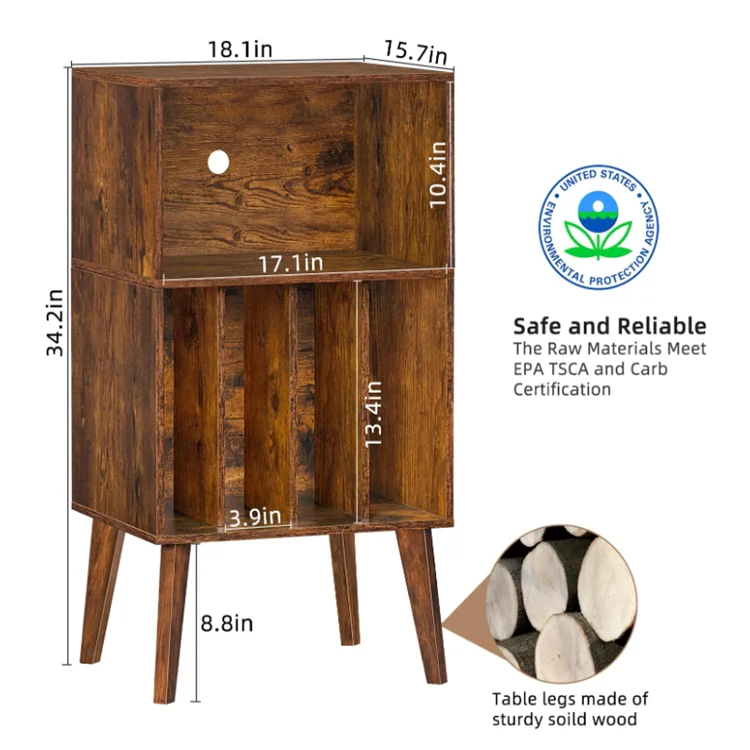 Brown Turntable Stand Holds Mid-Century Vinyl Storage Cabinet Table with Solid Wood Legs