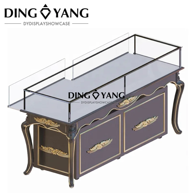 Custom Glossy Gray Golden Wooden Glass European Rectangle Jewelry Showcase Shop Jewelry Display Case Showcase