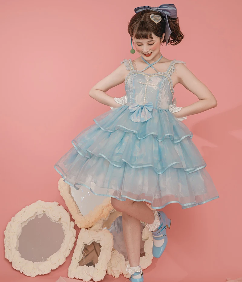Summer soulier vintage casual JSK Women Skirt Costumes cake organza blue rhinestones girl lolita dress uniforms