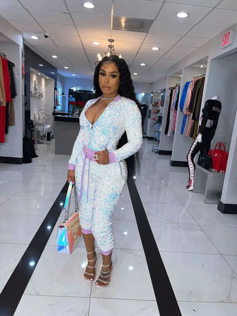 YP New arrival shiny diamond sequins rhinestone thread contrast  Sweatpants And Crop top Two Piece Jogging Set for women