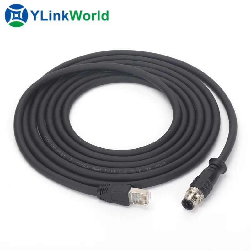 Industrial ethernet IP67 M12 to IP20 RJ45 cat.6a connection cable 8p8c flexible installation