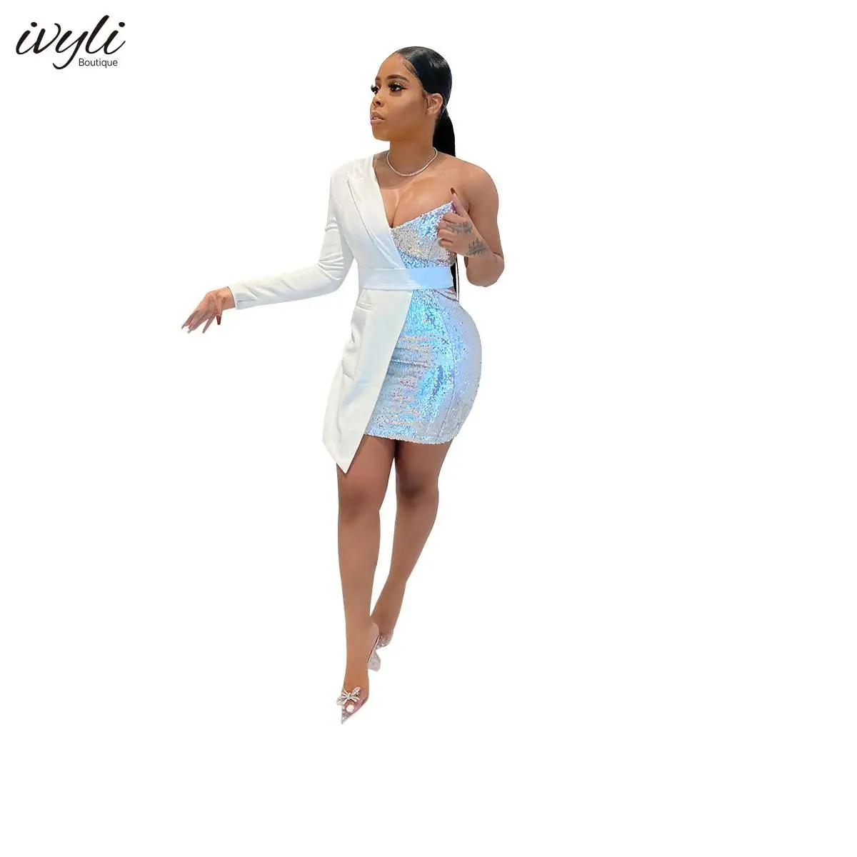 2022 Hot sell patchwork wedding dress bridal gowns one shoulder sexy bodycon fashion women sequined dresses evening dresses
