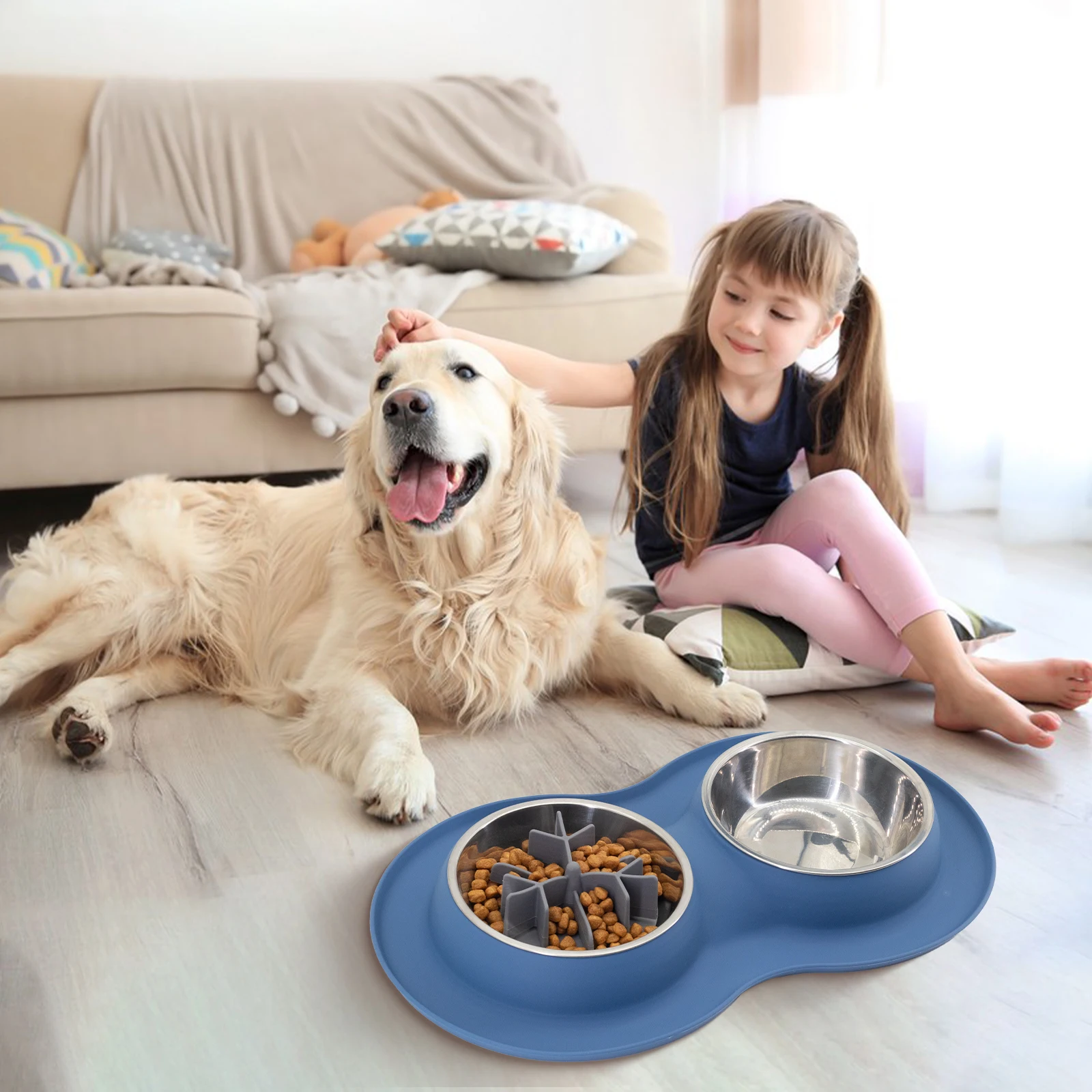 Double stainless steel pet dog feeder bowl Kit with silicone mat