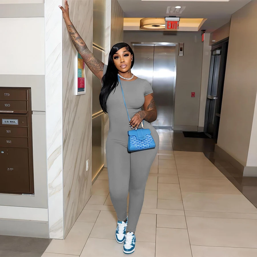 Kliou K23Q40090 Autumn Classic Playsuits Women Solid Long Sleeve Crew Neck Basic Casual Slim Fit Ladies Rompers