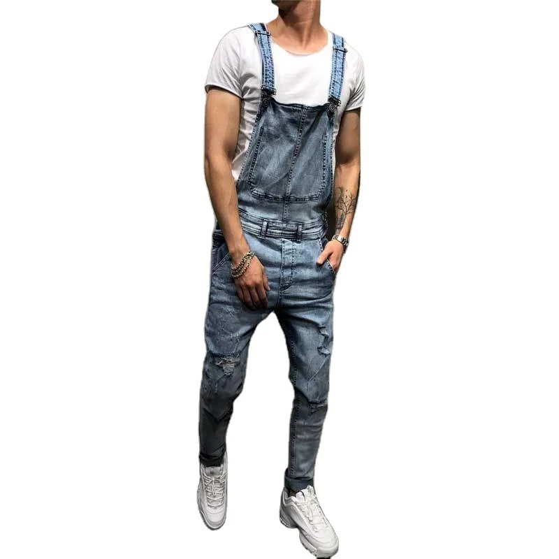 Men Stretch skinny Ripped biker Jeans Bib Overalls Jumpsuits jeans Man Streetwear casual elastic ripped dungarees male Pants