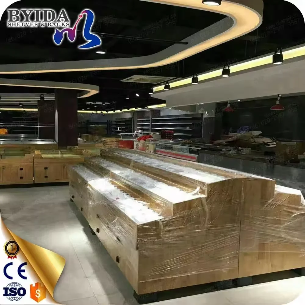 Wood supermarket gondola for vegetable display rack stand for grocery store and fruit shelves