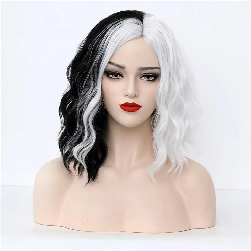 CRUELLA De Vil Cosplay Wig Half White Half Black Lace Synthetic Wig Short Wavy With Bangs For Women Heat Resistant Natural Hair