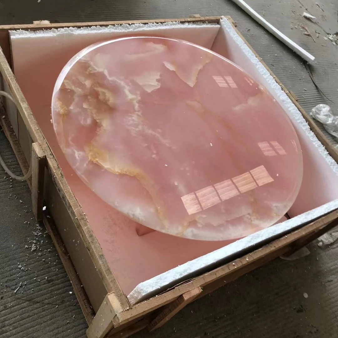 Guanmay Custom Luxury Home Furniture 2 Pieces Marble Stone Pink Onyx Round Marble Coffee Table Set