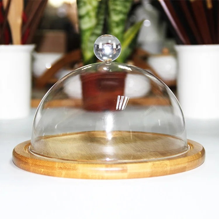glass dome with bamboo tray cake stand Customized fancy and food safe display decorative wedding